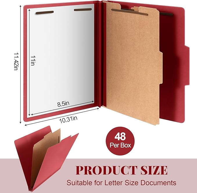 Skyygemm 48 Pcs Classification Folders Letter Size, 1 Divider Pressboard File Folder with Fasteners, Expanding File Organizer Bulk for School Teachers, Office Employee, Coworker, Staff (Red)