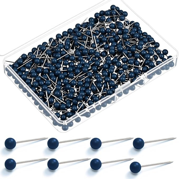 WILLBOND 500 Pack Map Push Pins Map Tacks Small Round Head Push Pins Thumb Tacks for Travel Picture Photo Bulletin Board Wall DIY Craft School Office Home(Navy Blue,1/6 Inch)