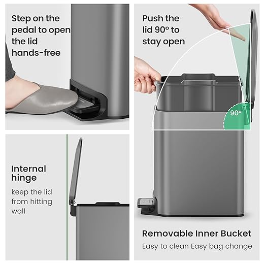 Cesun Small Bathroom Trash Can with Lid Soft Close, Step Pedal, 6 Liter / 1.6 Gallon Stainless Steel Garbage Can with Removable Inner Bucket, Anti-Fingerprint Finish (Gray)