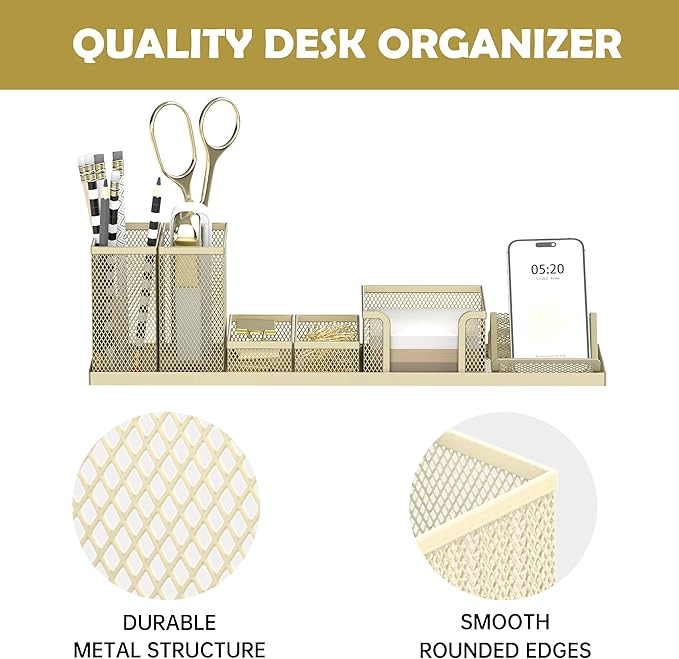 SUPEASY Pen Holder for Desk, 6 Piece Mesh Desk Organizer set for Office Organization with Mail Organizer, Letter Phone Holder, Sticky Notes Caddy Storage, Golden Yellow