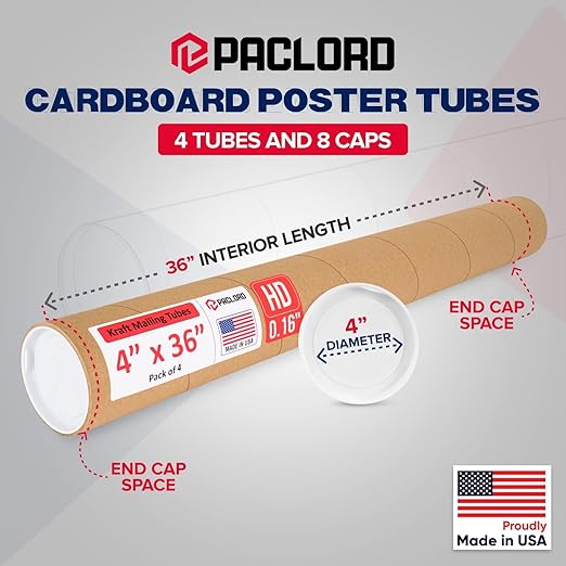 Paclord 4" x 36" Heavy-Duty Reinforced Cardboard Mailing Tube, Pack of 4 Tubes with 8 Caps – Secure USPS Approved – Great for Shipping and Storing of Prints, Artwork, Posters or Documents