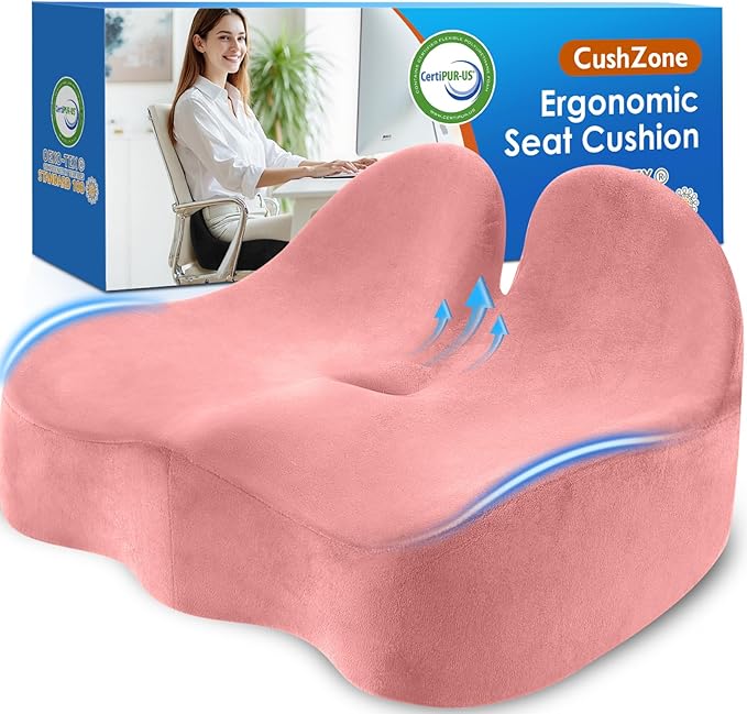 CushZone Seat Cushion, Memory Foam Office Chair Seat Cushion for Office Chairs/Car/Long Trip/Desk Chair/Gaming, Large Size for Sciatica & Hip & Tailbone Pain Relief, Sciatica Support (Pink)