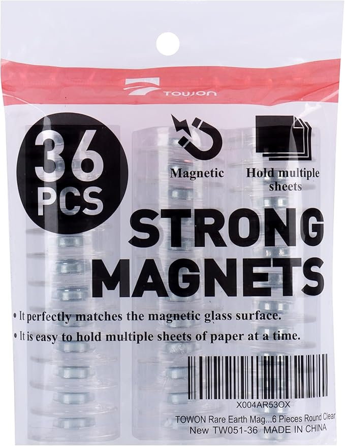TOWON Rare Earth Magnets Large, Strong Magnets for Glass Whiteboard and Dry Erase Board, 36 Pieces Round Clear