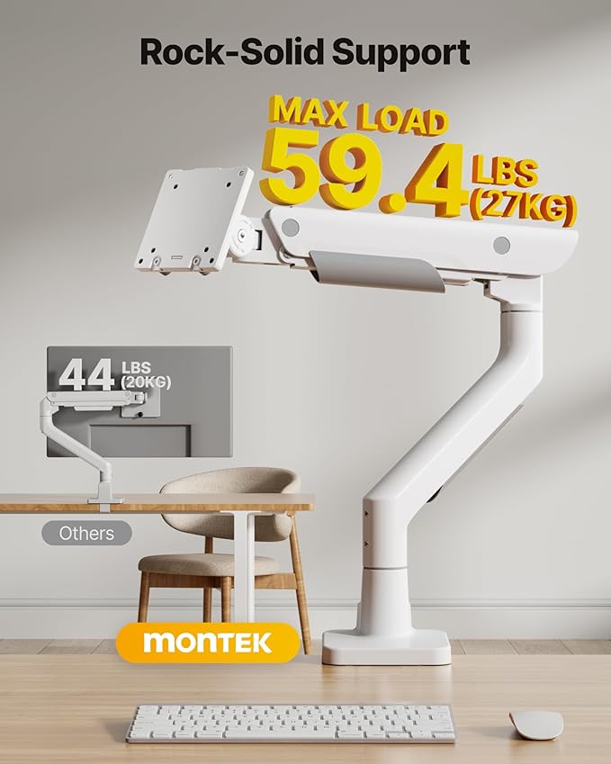 monTEK Sleek Aluminum Monitor Arm for 17–57” Ultrawide Screens up to 59.4 lbs, Heavy Duty Single Monitor Arm Desk Mount, Pneumatic Lift, Quick-Release Plate, Clamp/Grommet, Max VESA 100x100