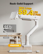 monTEK Sleek Aluminum Monitor Arm for 17–57” Ultrawide Screens up to 59.4 lbs, Heavy Duty Single Monitor Arm Desk Mount, Pneumatic Lift, Quick-Release Plate, Clamp/Grommet, Max VESA 100x100