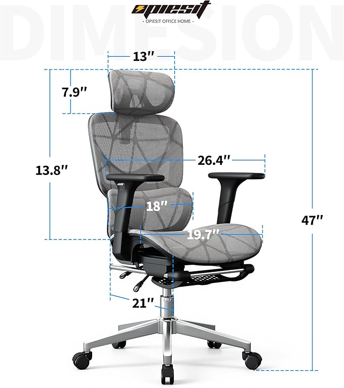 Opiesit Office Chair with 3D Adjustable Lumbar Support,Ergonomic Computer Chair,Adjustable Headrest and Armrests, 400lbs Capacity,Tilt-Swivel,Premium Mesh Desk Chair for Office,Home & Gaming (Grey)
