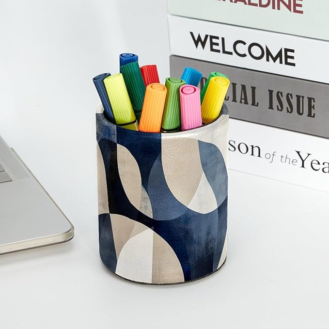 Leather Pen Holder for Desk, Abstract Geometric Blue Brown Print Pencil Cup Desktop Organizer Makeup Brush Holders Office Supplies for Home, Kids & School