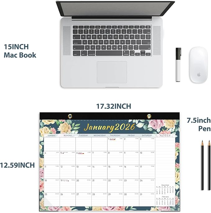 Desk Calendar 2026, Monthly Desktop Large Calendar (Jan 2026 - Jun 2027) 17" x 12" Desk Wall Planner for Family Teacher School Office Supplies, Vintage Floral