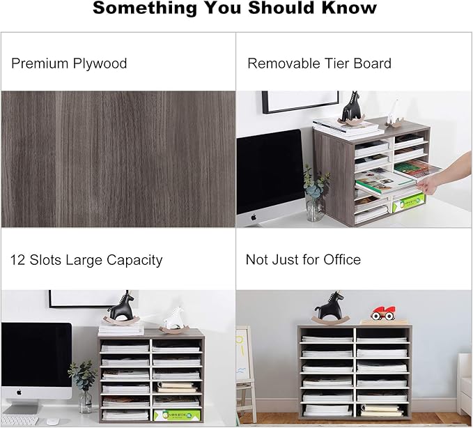 TQVAI Wood Literature Organizer, 12 Slots Hold 6000 Sheets A4 Papers, Wooden Desk Paper File Storage Organizer with Adjustable Shelves, Mailbox Cubbies for Office Home Classroom, Retro Grey/White
