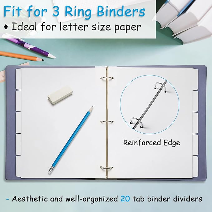Binder Dividers for 3 Ring Binder, 1/5 Cut Tabs, Letter Size, Blank Write On Page Dividers with 5 Big Tabs for School Office Home, 8 Sets, 40 Dividers, White