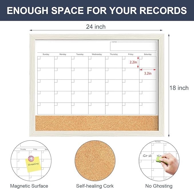 Calendar Whiteboard for Wall, 18x24 Inches Whiteboard Calendar Cork Board Combo, Magnetic Monthly White Board with Wood Framed, Hanging Dry Erase Board for Kitchen Home Office School Planner