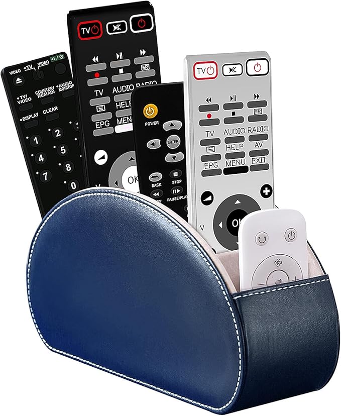 Remote Control Holders Organizer Box with 5 Compartment PU Leather Multi-functional Office Desk Storage Caddy Store Tv Remote for Media Player,Brush,Pencil,Glassees&Office Supplies (Dark Blue)