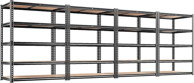 REIBII 2200LBS Storage Shelves 5 Tier Garage Shelving Heavy Duty, Adjustable Metal Shelving, Garage Shelves for Basement, Warehouse, Pantry, Closet, Kitchen 72" H x 35.55" W x 16" D, Black, 4 Pack