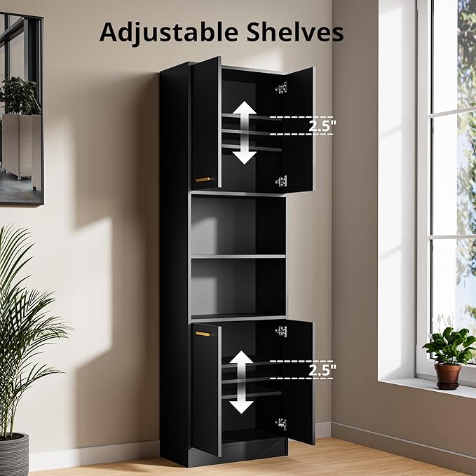 Cozy Castle Kitchen Pantry Cabinet, 75" Tall Wood Storage Cabinet with Doors and Shelves, 4 Doors Open Countertop Utility Hutch Cupboard for Dining Room Living Room Bathroom Furniture, Black