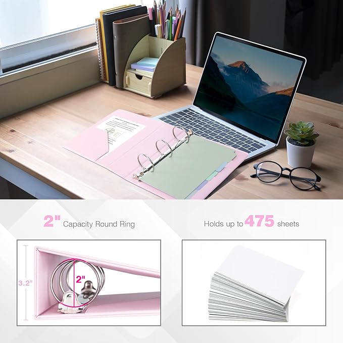 Ospelelf Leather Mini Binder Vintage Hardcover 2 Inch Rings, Professional Small 3 Ring Binders Organizer Suitable for 5.5" x 8.5" Documents, Binder Dividers with Tabs, Pink