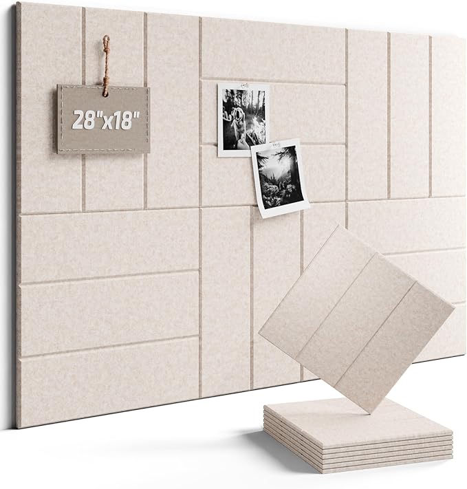Fluxynara Felt Bulletin Board Tiles -28"x18" with 40 Adhesive Tabs, Cork Board Alternative for Office Decor, Push Pin Board Wall Organizer 6-Pack (Oatmeal)