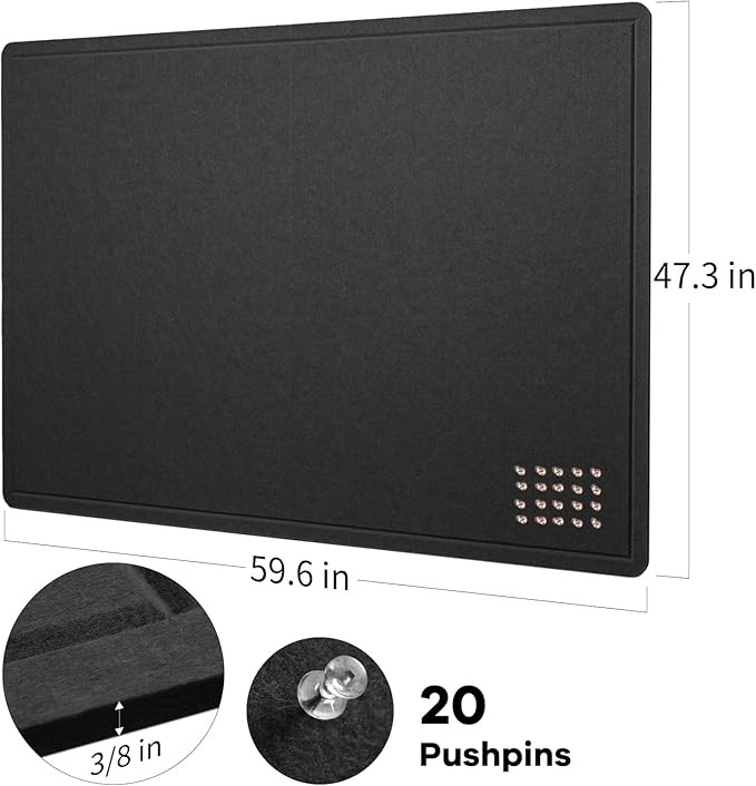 Lightomorrow Large Bulletin Board, 60 x 48 inches Decorative Felt Pinboard, 5' x 4' Cork Board Alternative for Wall, Foldable Photo Board Self-Adhesive Vision Board with 20 Pushpins - Black