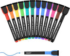 SUQJOY Magnetic Dry Erase Markers with Eraser Caps, Fine Tip 1-2mm, Low Odor Quick Dry Ink, 12 Colors, Whiteboard Marker Set for Fridge Calendar Office, 12 Count