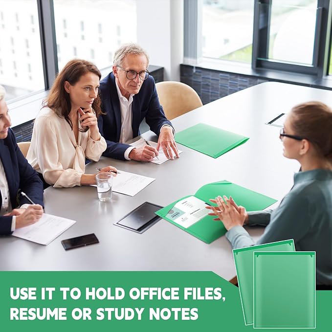 Henoyso 18 Pcs Plastic Folders with Clear Front Pockets Heavy Duty File Folders with 2 Pockets and Card Slot for Student Communication School Office Presentation Report (Green)