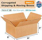 IDL Packaging Small Moving Boxes - 8"L x 6"W x 3"H (25-Pack) - Extra Strength 200 lb Corrugated Packing Boxes
