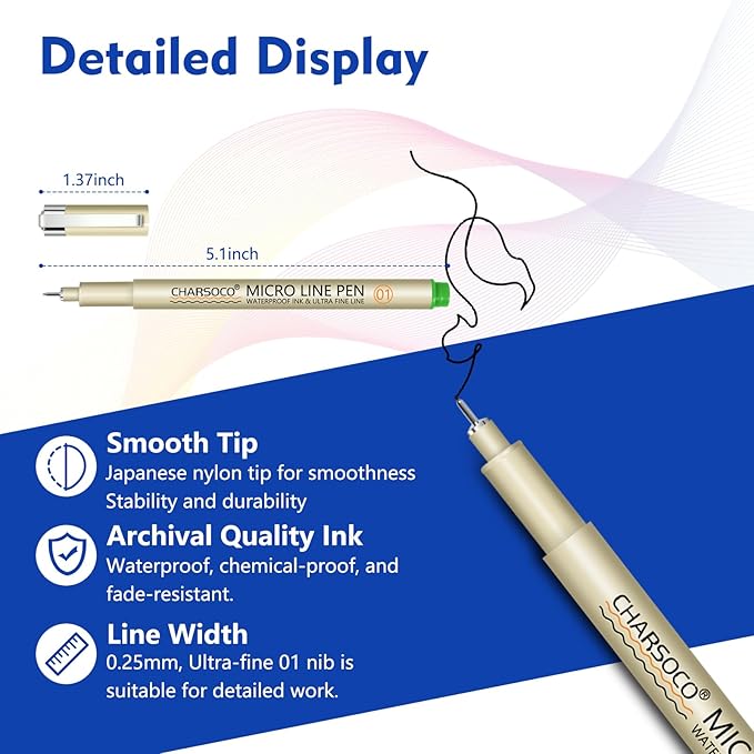 CHARSOCO 01 Micro Pen, 12 Colors Fine Point Pen, 0.25mm Fineliner Ink Pens for Artist Illustration, Waterproof Archival Ink, Sketching, Anime, Manga, Technical Drawing and Scrapbooking-fan