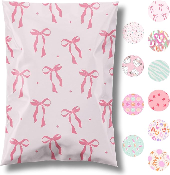 Pretty Package Store 14.5x19 Designer Poly Mailer 100 Pack Heavy Duty Waterproof Self Seal Shipping Bags for Small Business Large Mailing Envelopes Bulk Tear Resistant Packaging Pink Bows Coquette