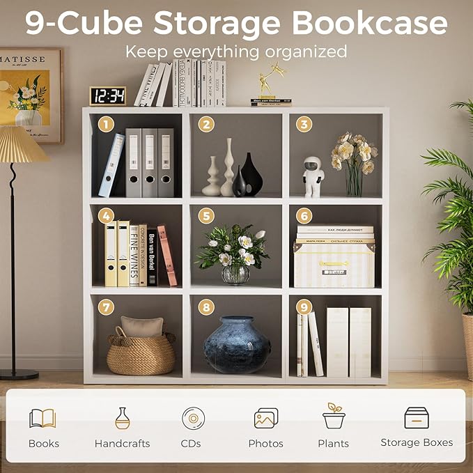 COMHOMA 9 Wood Cube Storage Organizer with Open Back and Removable Back Panels, 11In White Cube Storage Bookshelf, Cubicle Shelf Bookcase for Home Office Bedroom Living Room, Vertical or Horizontal