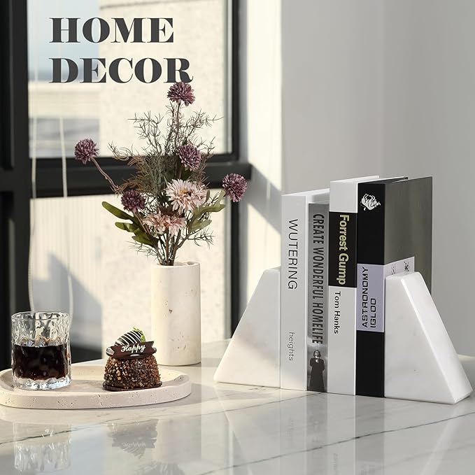 Karibiber Marble Book Ends Decorative, Unique Bookends for Shelves, White Stone Bookends Holds Heavy Books, Weighted Book Holder Stopper for Home Office Desk Bookshelf Decoration, Set of 2