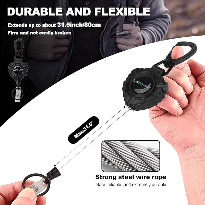 LATTHANT Badge Holder Retractable Clip, Heavy Duty Retractable Keychain with 31.5 in Smooth Steel Cord, Durable 360-degree Rotating Carabiner Badge Holder for Work, Fishing, Car Key, 9 oz