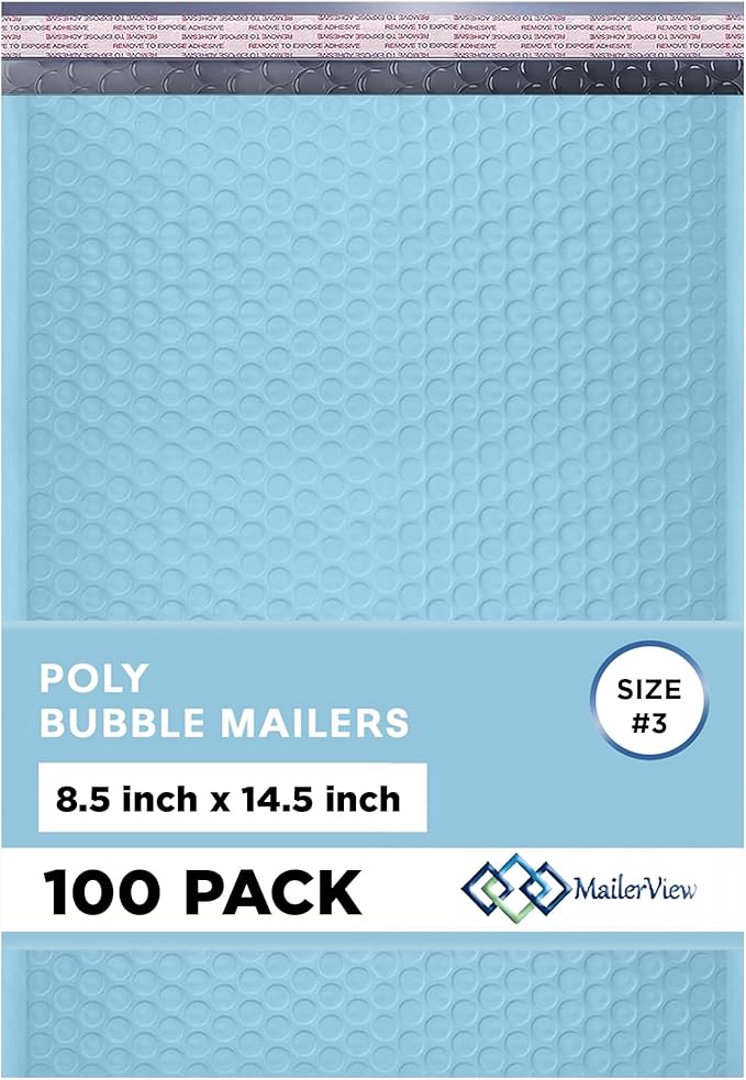 Light Blue Poly Bubble Mailers 8.5x14.5 inch #3 | Self Seal Padded Envelopes | Cushioned Bubble Mailer | Usable Size 8.5x13.5 | WaterProof | Lightweight mailing Shipping Bags | 100 Pack Bulk