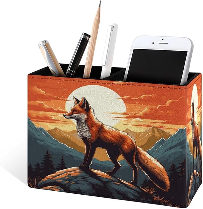 Famame Mountains Red Fox Sunset Pencil Holder for Desk, Leather Desktop Container Pen Cup Storage Study Table Pen Organizer Makeup Brush Holder for Classroom Office Home