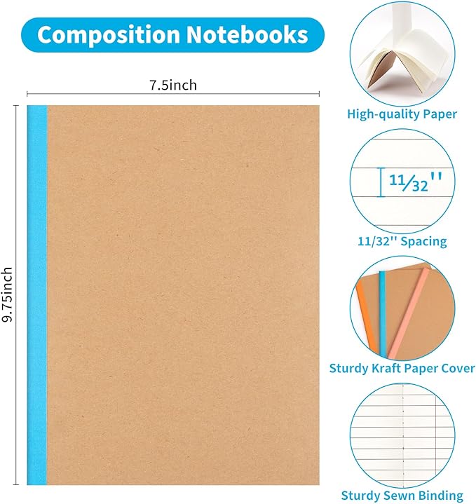 12 Pack Composition Notebook Journals Bulk, 7-1/2" x 9-3/4", Wide Ruled Paper, 30 Sheets/60 Pages, Kraft Cover with Rainbow Spines, 12 Colors School Lined Notebook Journal for Work Study Note Taking