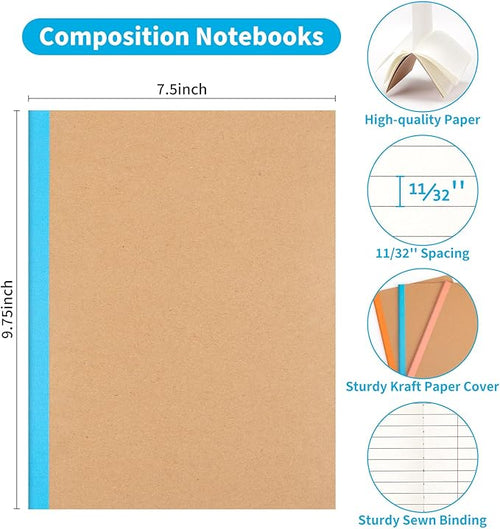 12 Pack Composition Notebook Journals Bulk, 7-1/2" x 9-3/4", Wide Ruled Paper, 30 Sheets/60 Pages, Kraft Cover with Rainbow Spines, 12 Colors School Lined Notebook Journal for Work Study Note Taking