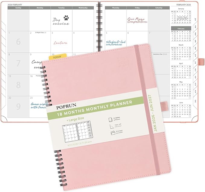 POPRUN Monthly Planner 2026-2027 (Large 8.5" x 10.5") 18 Months Calendar Book(Jan 2026 - Jun 2027) - 4 Pages per Month with Expense & Notes, Stair-like tabs, Leather Cover, Sunday Start - Pink