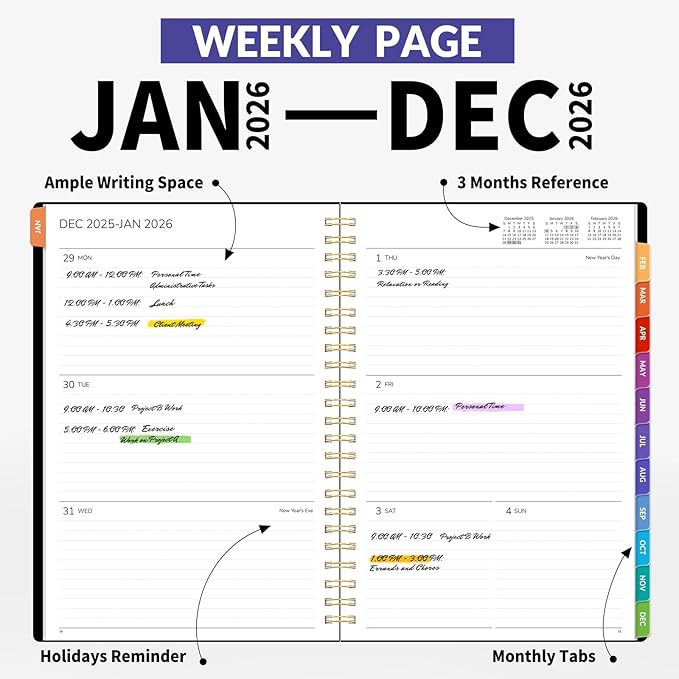GNL 2026 Planner, Weekly ＆ Monthly Planner 2026, JAN. 2026 – DEC. 2026, 6.4" x 8.3" Monthly Agenda Planner with Tabs, Waterproof Flexible Cover, Spiral Binding, Double-sided Pocket, Bookmark, Black