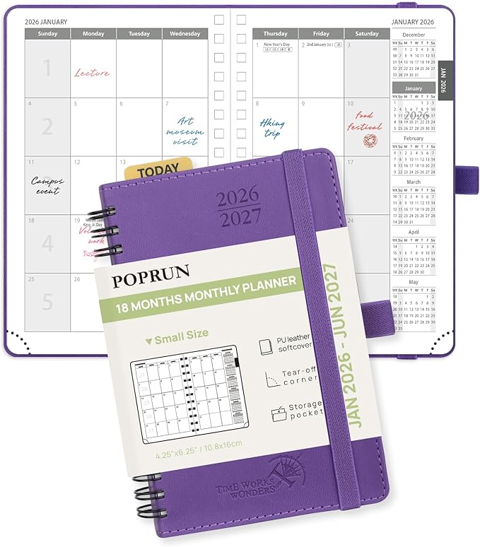 POPRUN Pocket Monthly Planner 2026-2027 (Small Size 4.25" x 6.25") 18 Months Calendar Book(Jan 2026 - Jun 2027) - 4 Pages per Month with Expense & Notes, Leather Cover, Sunday Starts - Purple