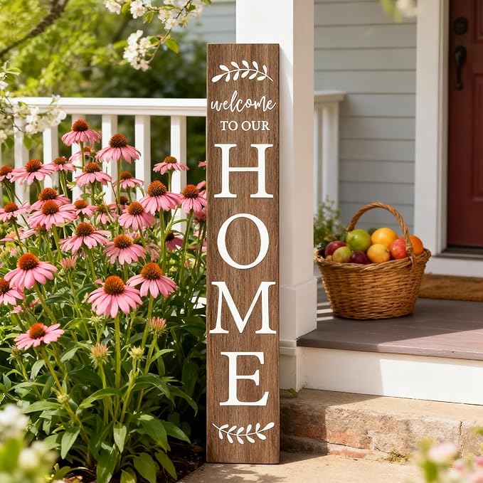 Welcome Sign for Front Porch, 47" Large Wooden Welcome to Our Home Sign Door Hanging Standing Plaque, Farmhouse Vertical Outdoor Porch Decorations for Yard Patio Entrance (Natural)