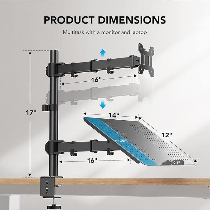 HUANUO Adjustable Monitor Stand, Single Arm Desk Mount for 32 inch Screen and 17 inch Laptop, Heavy Duty Ergonomic Bracket Holds 22lbs