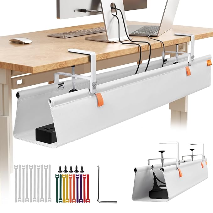 SUREUP9 No Drill Under Desk Cable Management Tray, 48" Cord Organizer with Clamp, Fabric Cable Management for Standing Desks, Ideal for Home & Office - White