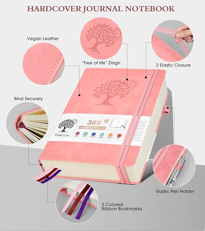 PERCUN B5 Lined Journal Notebook - 365 Page Large Leather Journals for Writing Women Men，Hardcover Notebook with 100Gsm Thick Pages，Daily Diary for Travel, Work，School，College Ruled (7.6" x 10.3")
