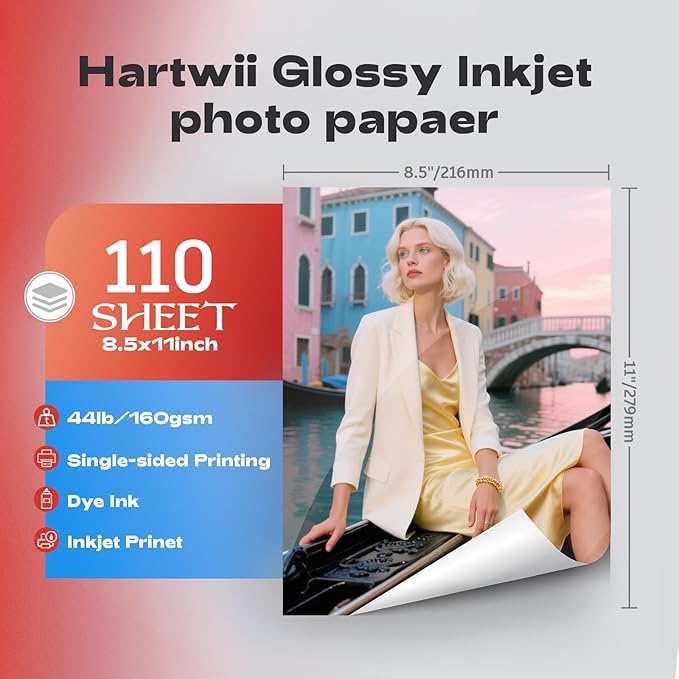 HARTWII Glossy Inkjet Paper 8.5x11 Inches, 110 Sheets, 160gsm Photo Paper for Inkjet Printer with Dye Ink for Flyers Brochure Custom Chip Bag Party Favors