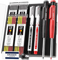 STAGEEK 2PCS Carpenter Pencils with Sharpener, Heavy Duty Woodworking Tools, Mechanical Pencil Set with 26 Refills, Deep Hole Long Nib Marker Pens for Architect Marking with Case (Black, Red)
