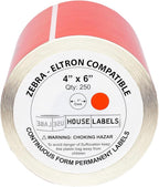 HOUSELABELS 4" x 6" Red Shipping Labels on 1" Core Compatible with Zebra and Rollo Printers, 6 Rolls / 250 Labels per Roll