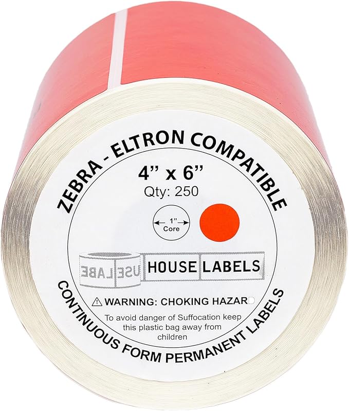 HOUSELABELS 4" x 6" Red Shipping Labels on 1" Core Compatible with Zebra and Rollo Printers, 1 Roll / 250 Labels per Roll