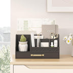 Wisuce Essentials Bamboo Desk Organizer with Drawers, Mail Organizer Countertop Wood Desk Drawer Tabletop Storage Organization Pen Holder Letter Sorter Makeup Organizer for School Home Office (Black)