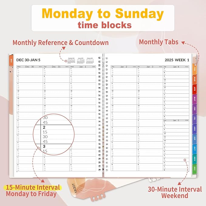 SUNEE 2026 Appointment Book, Quarter-Hourly, Weekly & Monthly - from January 2026 - December 2026, 8.5"x11" Weekly Planner, Flexible Cover, Note Pages, Pockets, Bookmark, Spiral Binding, Pink Breeze