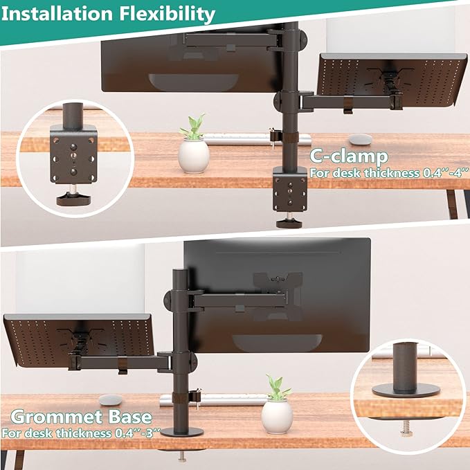 WALI Laptop and Monitor Stand, Fully Adjustable Monitor Mount and Laptop Tray for 1 Notebook up to 17 inch and 1 Screen up to 27 inch, 22 lbs, Weight Capacity (M001LP), Black