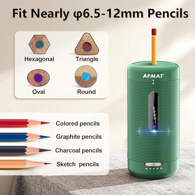 AFMAT Electric Pencil Sharpener, Fully Automatic Pencil Sharpener, Auto in & Out, Rechargeable Hands-Free Sharpeners for Jumbo & Colored Pencils (6.5-12mm), Portable for Home/Classroom/Office PSC2