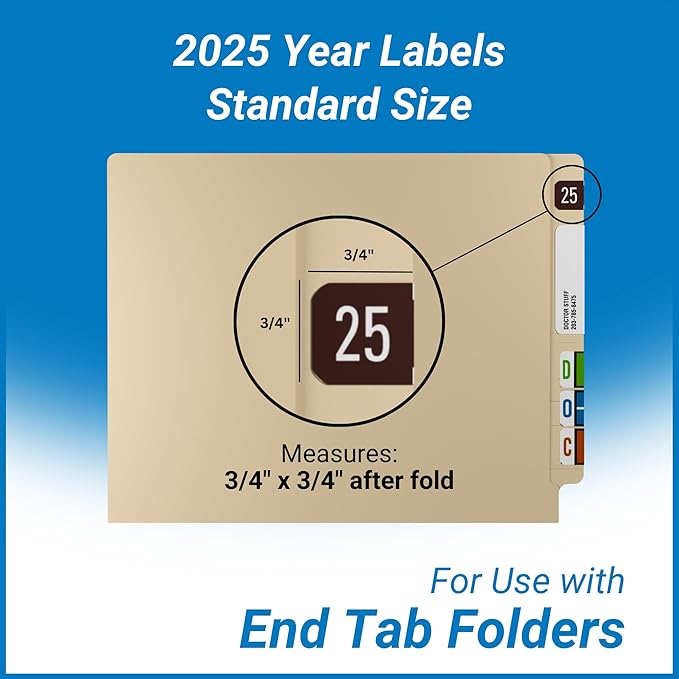 2025 Year Stickers, Doctor Stuff 2025 Chart Stickers, Brown Color Coded, Digi Color Style, USA Made Year Labels for End Tab File Folders, 500/Roll, 1 Roll, 3/4" x 1-1/2"
