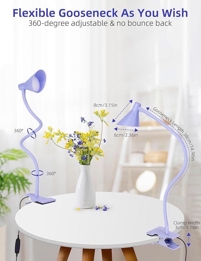 LiFMIRA Desk Lamp Clip on Lamp for Bed Headboard LED Reading Light for Bed, 3 Colors 10 Dimmable Brightness, Book Light for Reading in Bed Flexible Neck Clip on Light Clamp Lamp for Bed Desk(Purple)